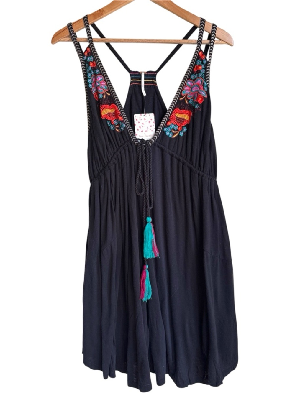 NWT Free People Lovers Cove Embroidered Halter Mini Dress Black Size M